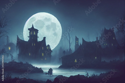 night, moonlight, a fantasy village in the dark