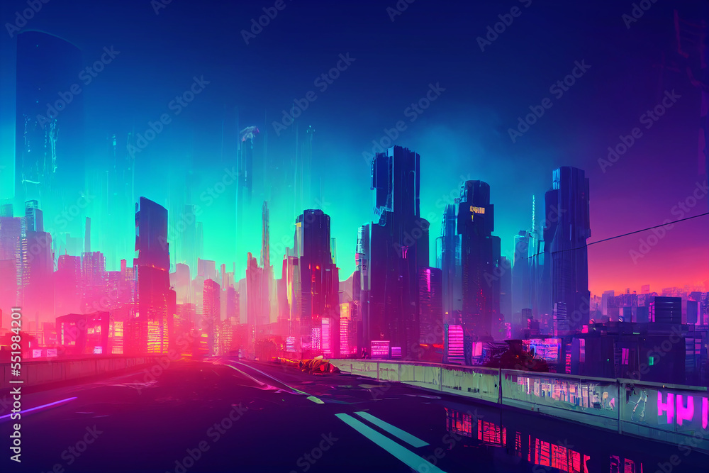 Synthwave Cyberpunk, Neon shades of Magenta and Teal, City