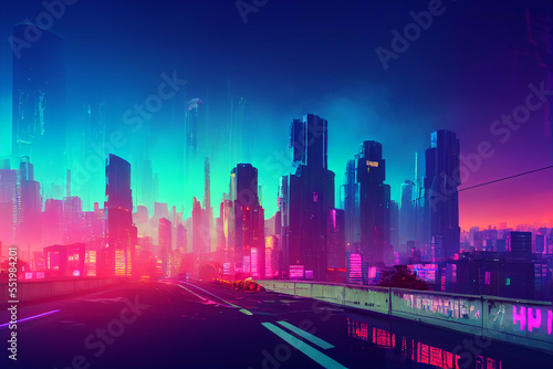 Synthwave Cyberpunk  Neon shades of Magenta and Teal  City