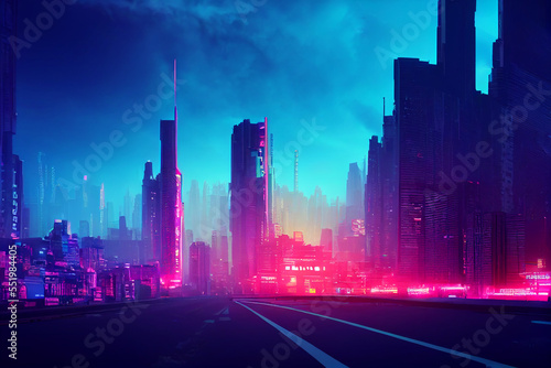 Synthwave Cyberpunk  Neon shades of Magenta and Teal  City