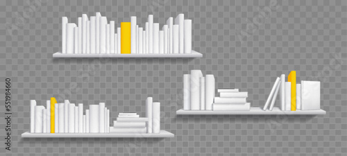 Books on white bookshelf, bestseller mockup with yellow cover stand on shelf in library or store. Booklets, diary volumes with empty spines stand on rack hanging on wall, Realistic 3d vector mock up