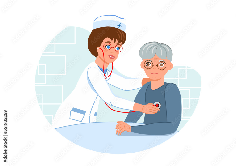 Diagnosis with a stethoscope. An elderly man at a pediatrician's appointment. Health and medicine theme. Cartoon drawing under a mask. Used on websites, stickers, posters, advertisements. Diagnosis with a stethoscope. An elderly man at a pediatrician's appointment. Health and medicine theme. Cartoon drawing under a mask. Used on websites, stickers, posters, advertisements.