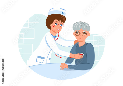 Diagnosis with a stethoscope. An elderly man at a pediatrician's appointment. Health and medicine theme. Cartoon drawing under a mask. Used on websites, stickers, posters, advertisements.
