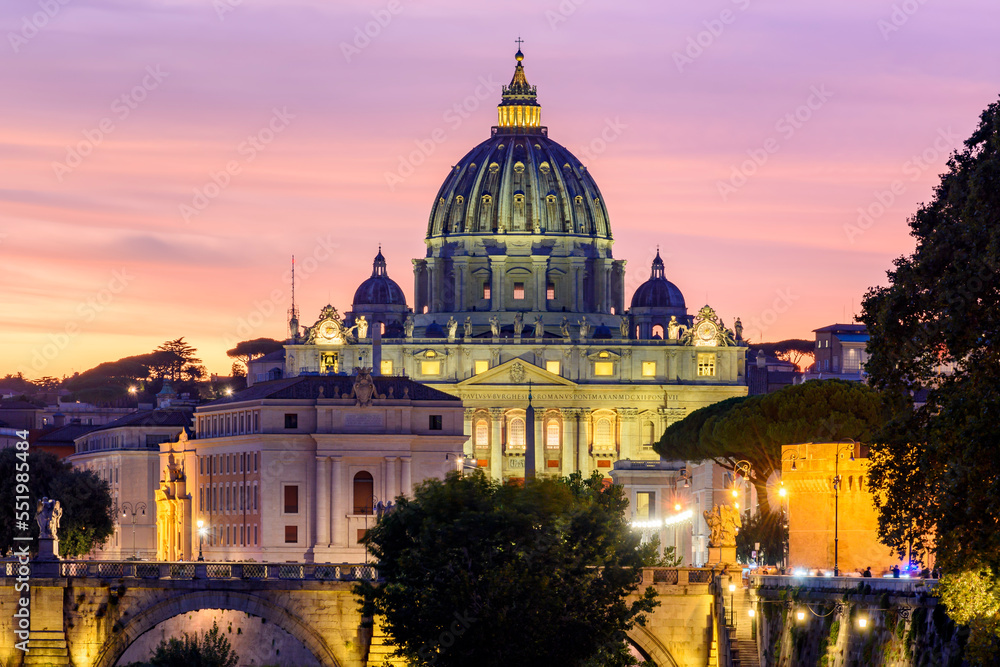 St. Peter's basilica in Vatican at sunset, center of Rome, Italy