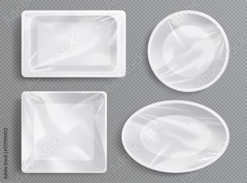 White plastic trays, package with clear film for food. Empty styrofoam containers different shapes in top view isolated on transparent background, vector realistic illustration