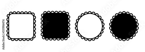 Circle and square scalloped frames. Scalloped edge rectangle and ellipse shapes. Simple label and sticker form. Flower silhouette lace frame. Vector illustration isolated on white background.