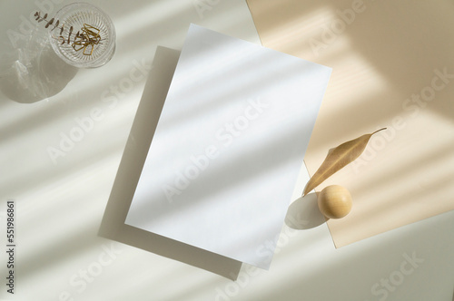 Blank Paper Print Poster Stationery Letter Head Desk Top View Mockup with Shadow