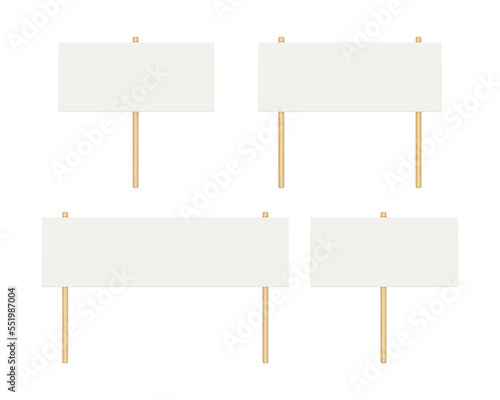 Picket banner frame. Blank demonstration banner mock up. Empty protest placard with wooden poles. Realistic politic strike board mockup. Vector illustration isolated on white background.