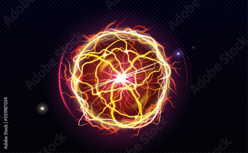 Electric ball, lightning circle strike, plasma sphere in red and yellow colors. Powerful electrical discharge, magical energy flash isolated on transparent background Realistic 3d vector illustration