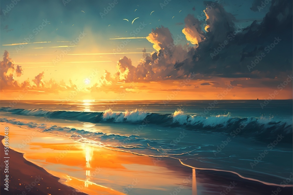 The sky might be painted with warm, golden hues as the sun peeks over the cyan horizon.