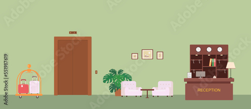 Reception desk and armchairs in lobby of hotel. Hotel interior concept. Cartoon flat style. Vector illustration