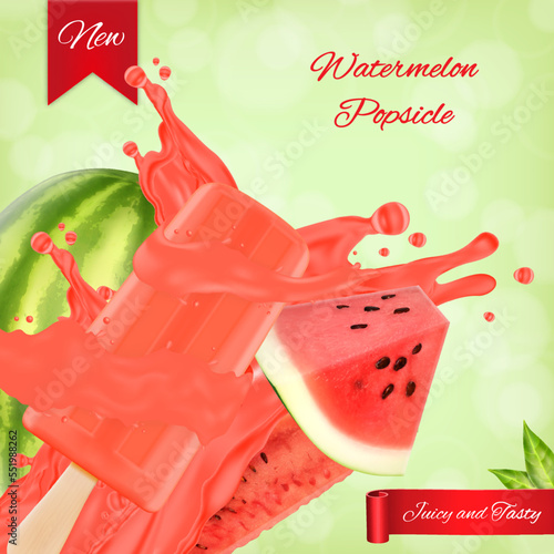 Watermelon popsicle ads. Popsicle and watermelon with splashing juice on a green background. EPS10 vector