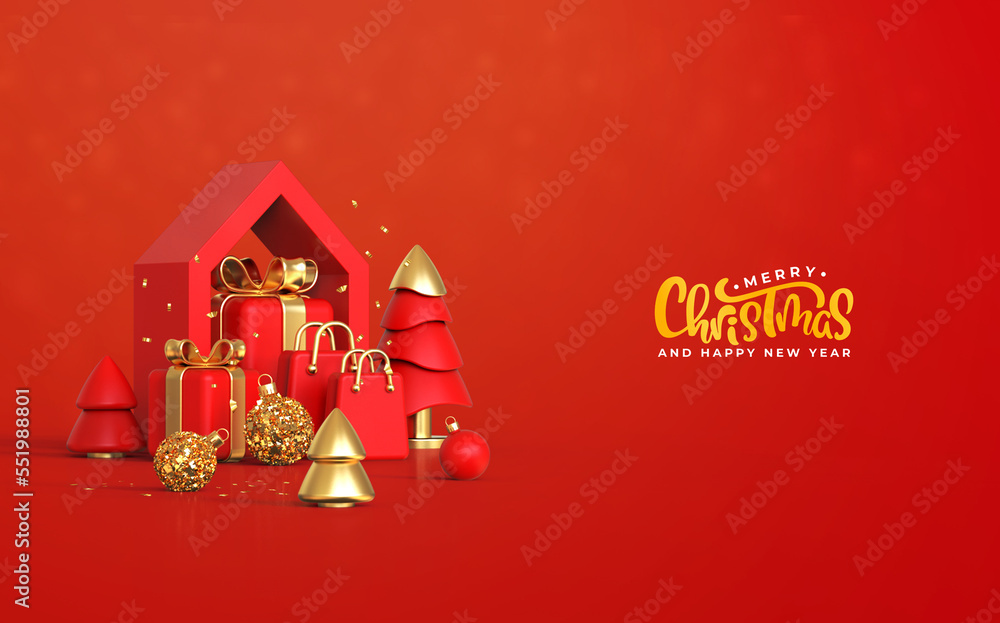 Merry Christmas and Happy New Year with Christmas Elements Decoration. 3d Rendering