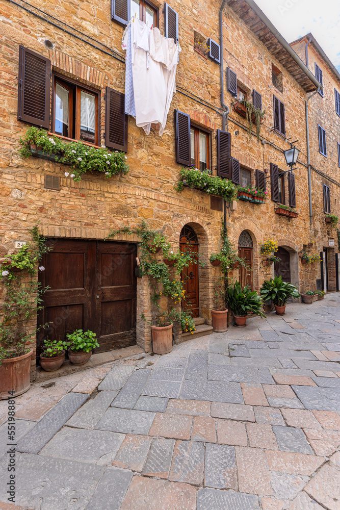 Streets in the historic town Pienza in the Val d'Orcia in Tuscany, Italy.