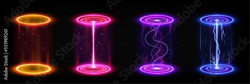 Futuristic portals, magic hologram teleport with round podium. Sky-fi digital hi-tech collection in HUD technology style. GUI, UI virtual reality projector with colorful light, 3d Vector illustration