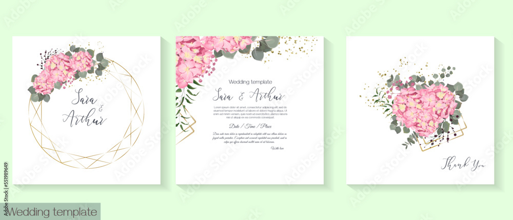 Floral design for wedding invitation. Gold frame in the shape of a crystal, pink hydrangea, green plants, eucalyptus.