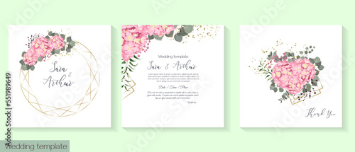 Fototapeta Naklejka Na Ścianę i Meble -  Floral design for wedding invitation. Gold frame in the shape of a crystal, pink hydrangea, green plants, eucalyptus.