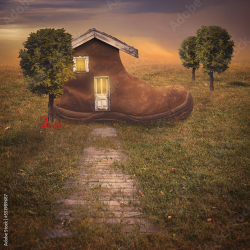 Cute cozy fantasy shoe house in the sunset.