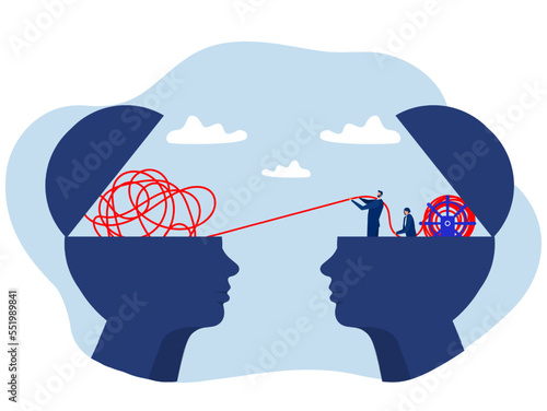 Two human heads silhouette decoding with The opposite mindset chaos and order in thoughts concept. vector illustration