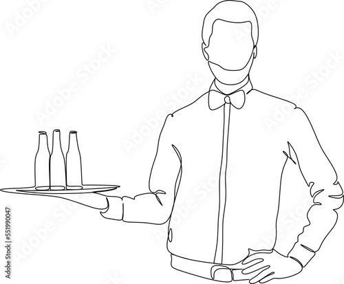 One continuous unclosed single line drawn by the waiter with an order tray. Character employee of a cafe, a restaurant at work.