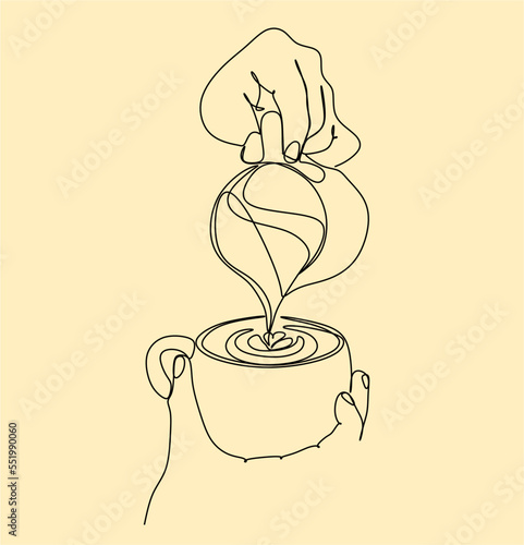 Line art of barista pouring milk to coffee. Continue line drawing of coffee employees vector illustration. Minimalistic