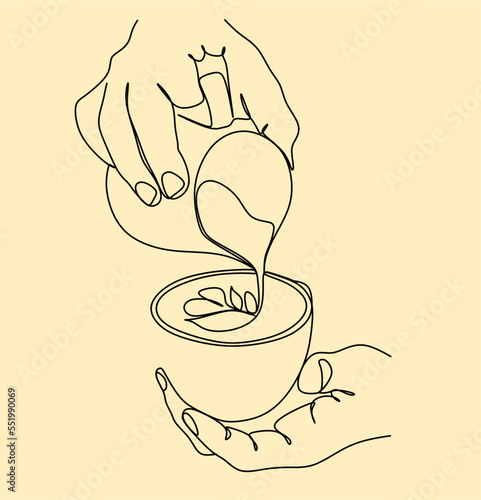 Line art of barista pouring milk to coffee. Continue line drawing of coffee employees vector illustration. Minimalistic