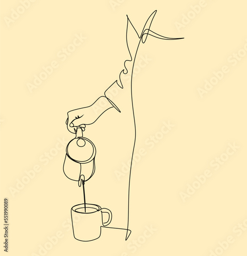 Line art of barista pouring milk to coffee. Continue line drawing of coffee employees vector illustration. Minimalistic