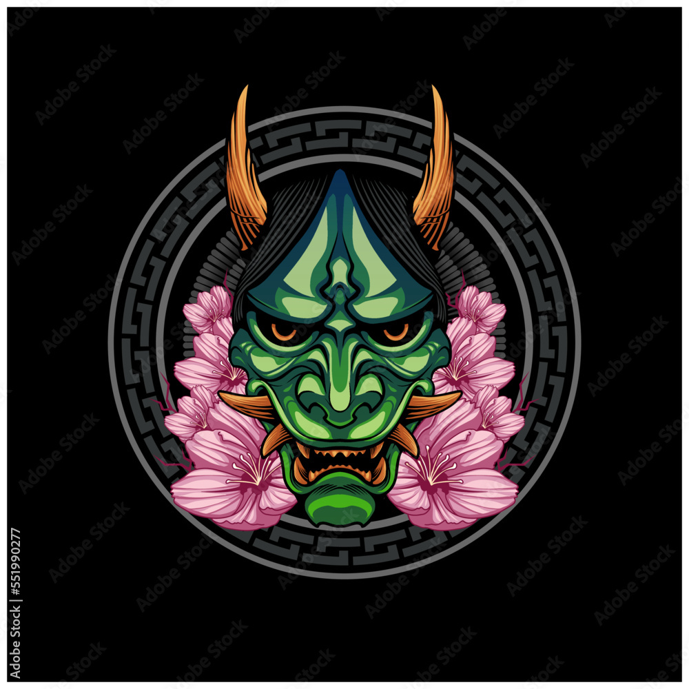 Illustration of a Japanese hannya oni mask with a sakura flower design