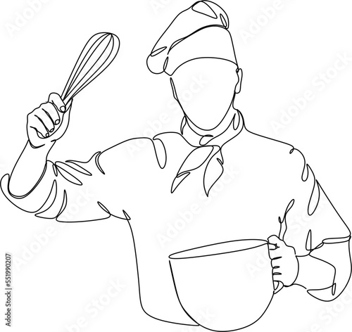 Continuous line drawing of hand drawn chef preparing food. Scene in the kitchen. Template for your design. Vector illustration.