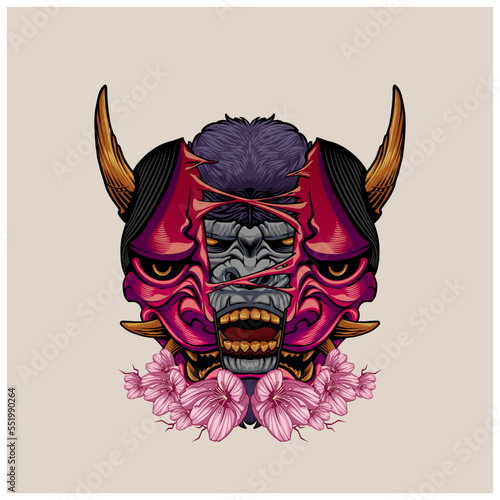 Illustration of a hannya oni mask and gorilla head, with intricate details and bold colors.