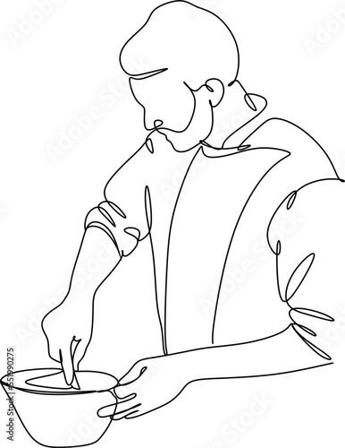 Continuous line drawing of hand drawn chef preparing food. Scene in the kitchen. Template for your design. Vector illustration.