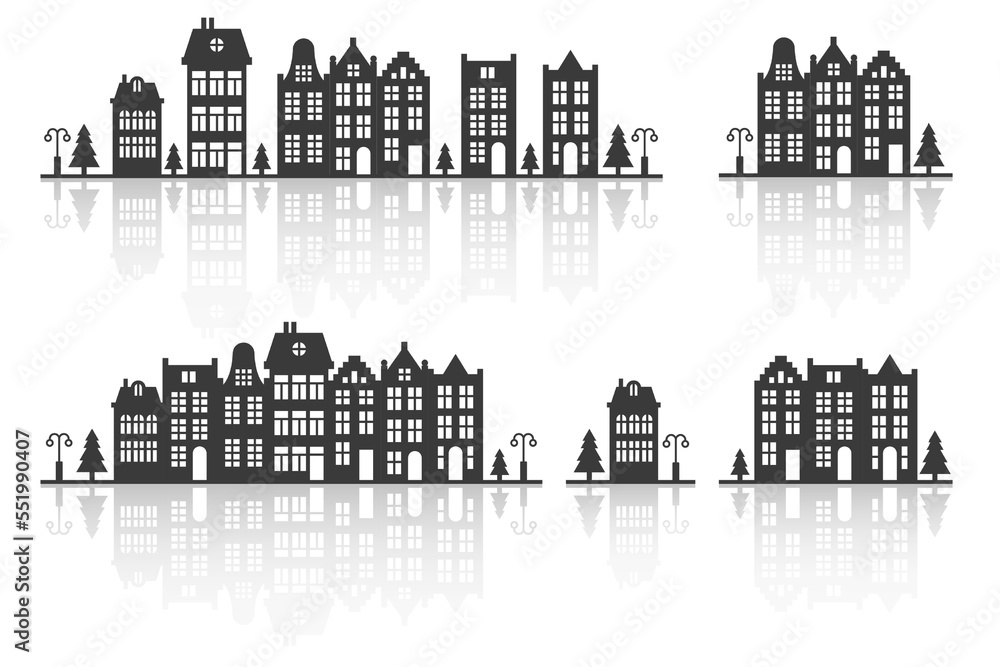 Silhouette of a row Amsterdam style houses. Facades of European old buildings with reflection. Vector