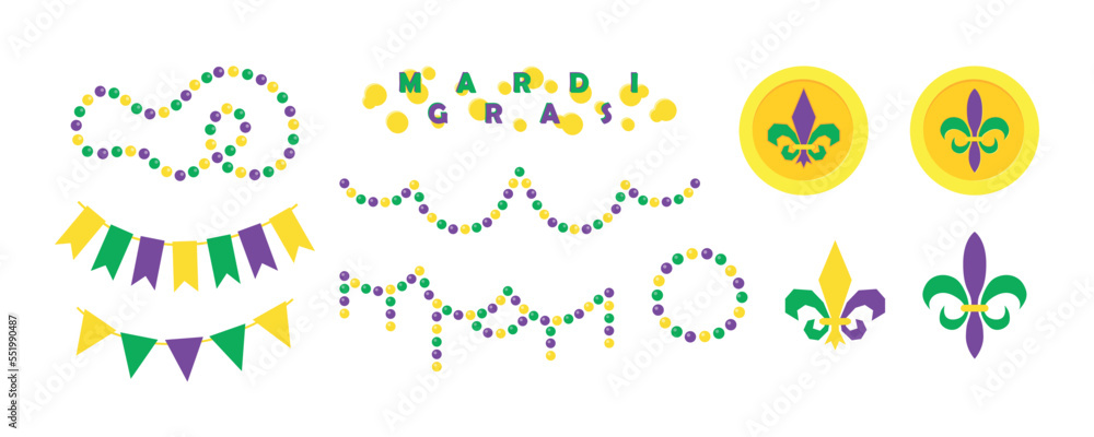 Mardi Gras carnival illustration set, decorative elements for festival or masquerade. Beads and throws, festive pennants and fleur de lis. Shrove Tuesday, Fat Tuesday, celebration and march parade.