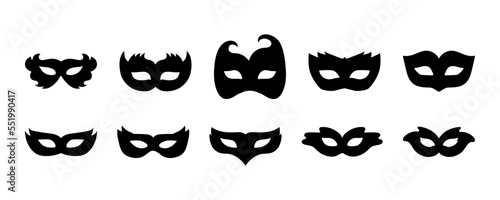 Set of carnival masks silhouettes. Black icons of masquerade masks, for party, parade and carnival, for Mardi Gras and Halloween. Mask decorative elements can be used as isolated sign, symbol or icon.