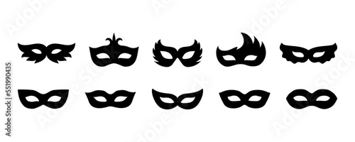 Set of carnival masks silhouettes. Black icons of masquerade masks, for party, parade and carnival, for Mardi Gras and Halloween. Mask decorative elements can be used as isolated sign, symbol or icon.