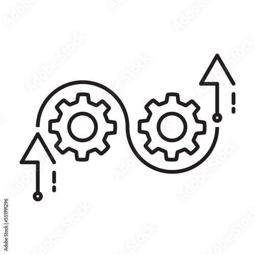 agile process icon, flexible work software, methodology development, arrow with gears, thin line symbol on white background - editable stroke vector illustration