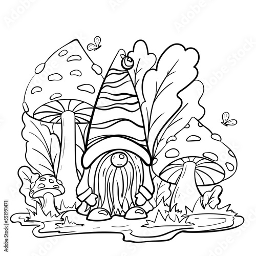 Garden gnome coloring page outline. Cute fairytale character is standing  surrounded by  fly-agaric mushrooms and herbs. Line art freehand drawing coloring book sheet. One line drawing.