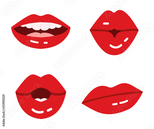 Cartoon lips. Glossy red seductive lipstick for ladies. Kissing, smiling with teeth, surprised and hesitating expressions