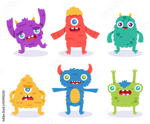 Cartoon monster characters. Colorful funny creatures in different positions. Spooky furry animals for halloween