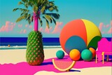 Vibrant colorful tropical pop art beach vacation resort with beach balls and palm trees, pineapples and exotic fruit cocktails. Summer sun distant horizon and calm ocean waves. 