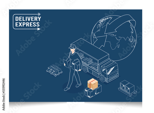 3D isometric Logistics and Delivery services concept with People delivering a box to a customer at home or office. Smart Logistics Business, Export and Import. Vector illustration eps10
