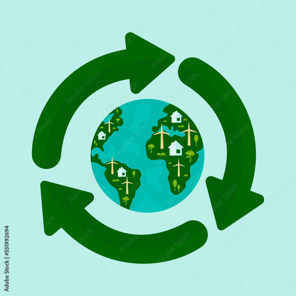 icon, sticker, button on the theme of saving and renewable energy with earth, planet, wind turbine, houses and icon renewable. icon, sticker, button on the theme of saving and renewable energy with earth, planet, wind turbine, houses and icon renewable.