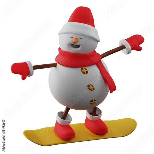 3D illustration. Talented 3D Snowman Cartoon Character standing on a skateboard. with both arms open. showing a happy laugh. 3D Cartoon Character