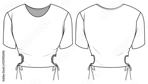 short sleeve cropped side cut off top Front and Back View. Fashion Illustration, Vector, CAD, Technical Drawing, Flat Drawing, Template, Mockup.	 