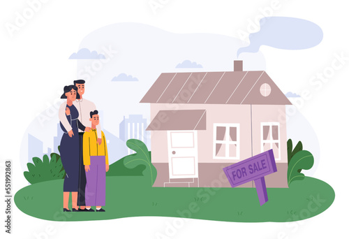 Family searching new home. Parents with son looking at new house for sale. Cartoon mother, father and kid wanting to buy real estate