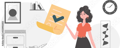 Smart contract concept. Data protection. The girl is holding a document.