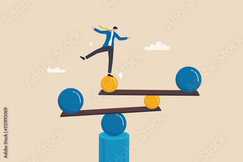 Work life balance, equilibrium or equality, concentration or stability, challenge or risk management concept, confidence businessman balance himself on stable weigh metaphor of life balance. photo