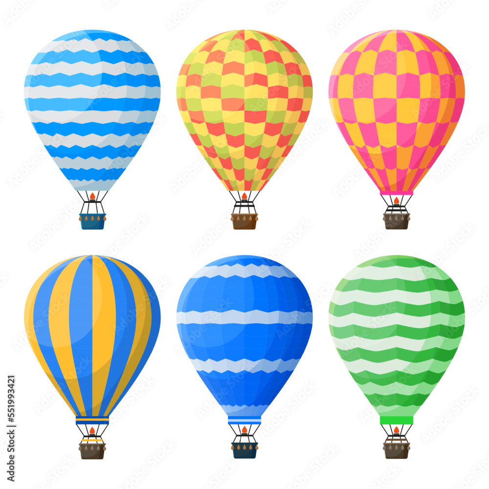 Hot air balloons, colorful flying vintage airships. Sky vehicle for adventure, traveling activity. Airship journey