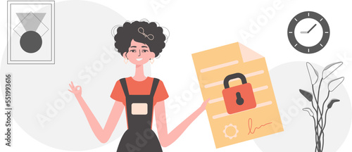 Data protection concept. Smart contract. The girl is holding a document.