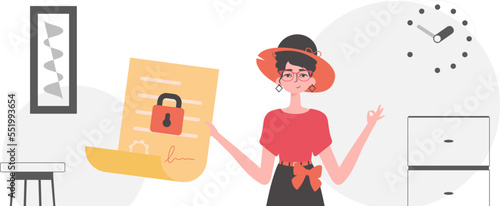 Data protection concept. Smart contract. The girl is holding a contract in her hand.